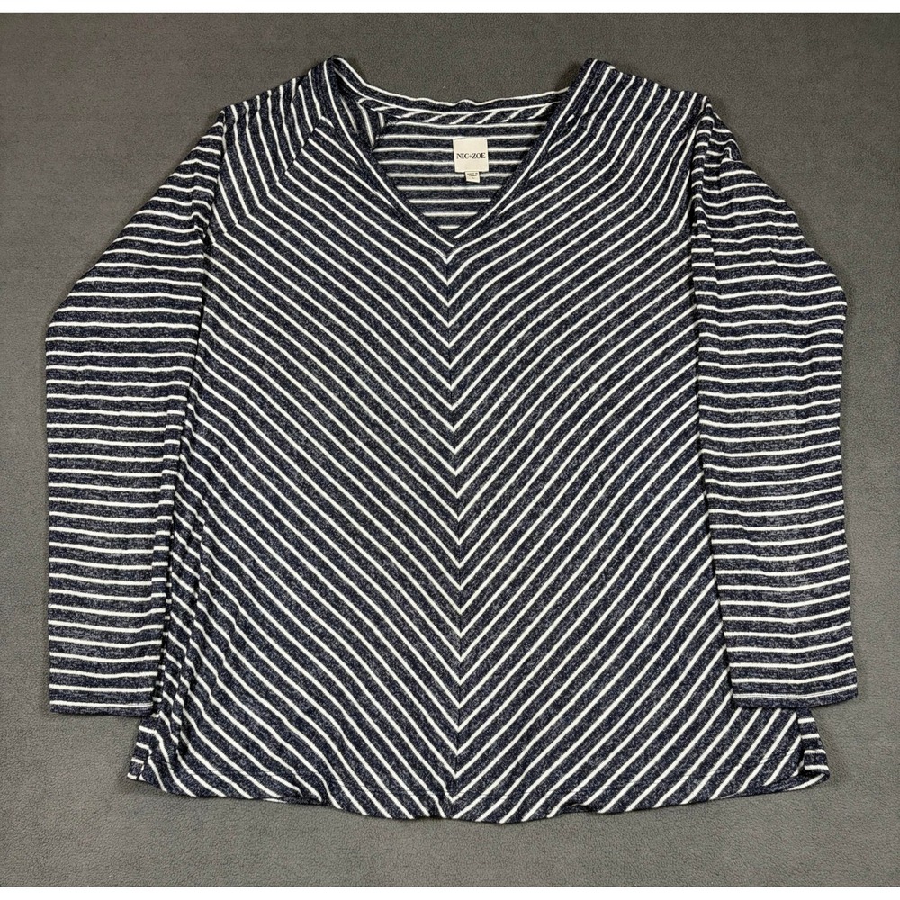 NIC+ZOE Top Womens Large Blue White Striped V-Neck Long Sleeve Chevron Knit